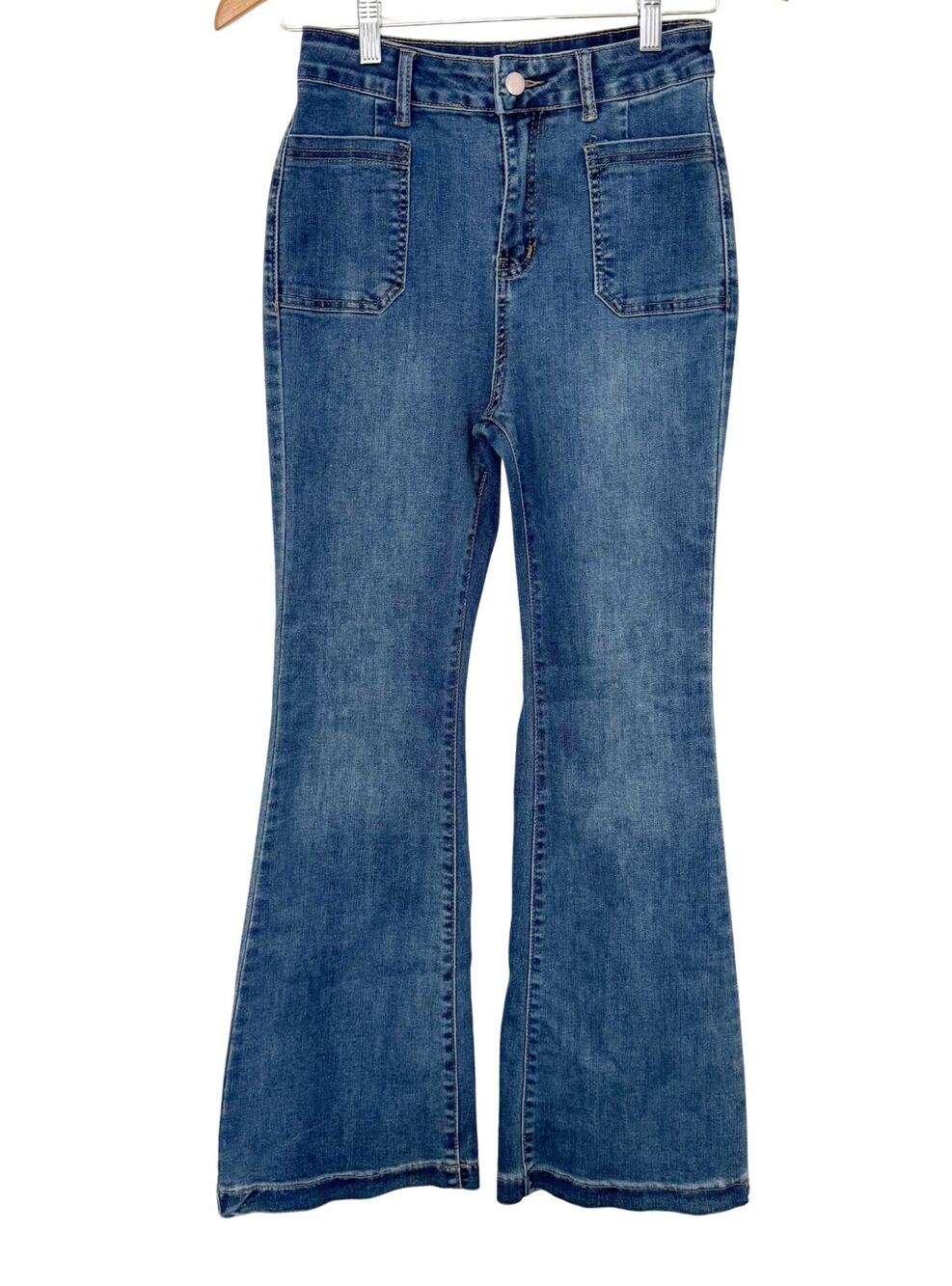 Blue Flare High Rise Bell Bottom Patch Pocket Denim Jeans Size 26" Y2K Western